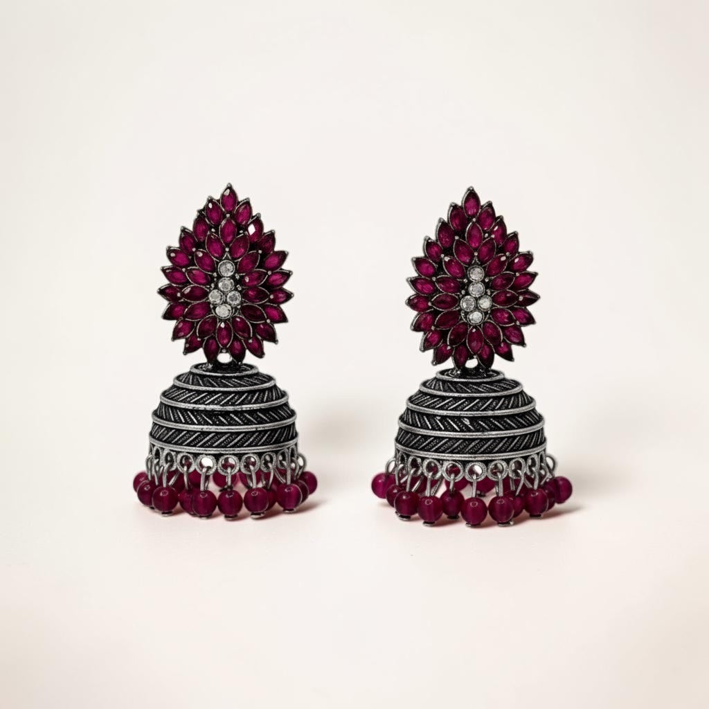 Floral Elegance Jhumka – Magenta
