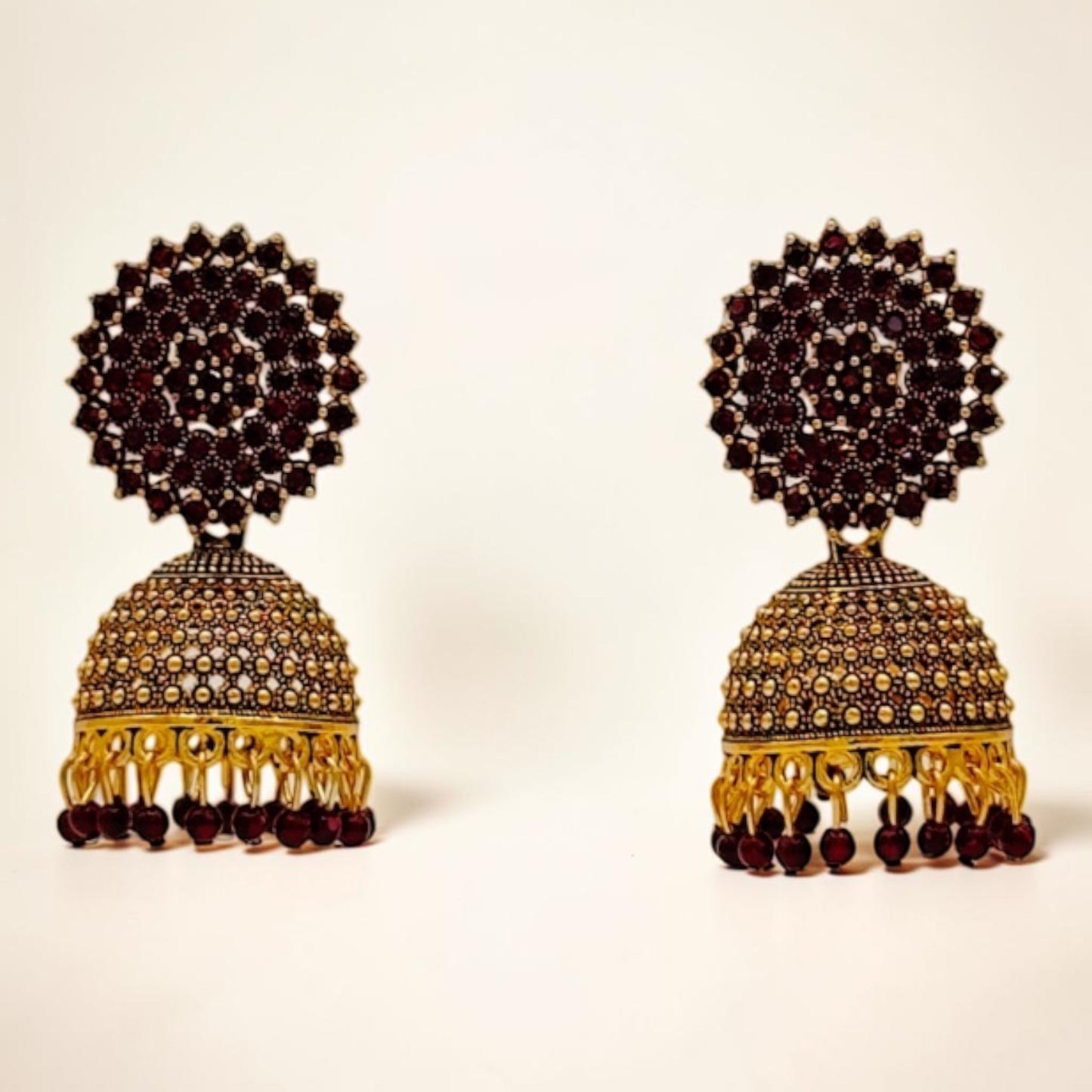 Gemstone Jhumka Radiance – Dark red