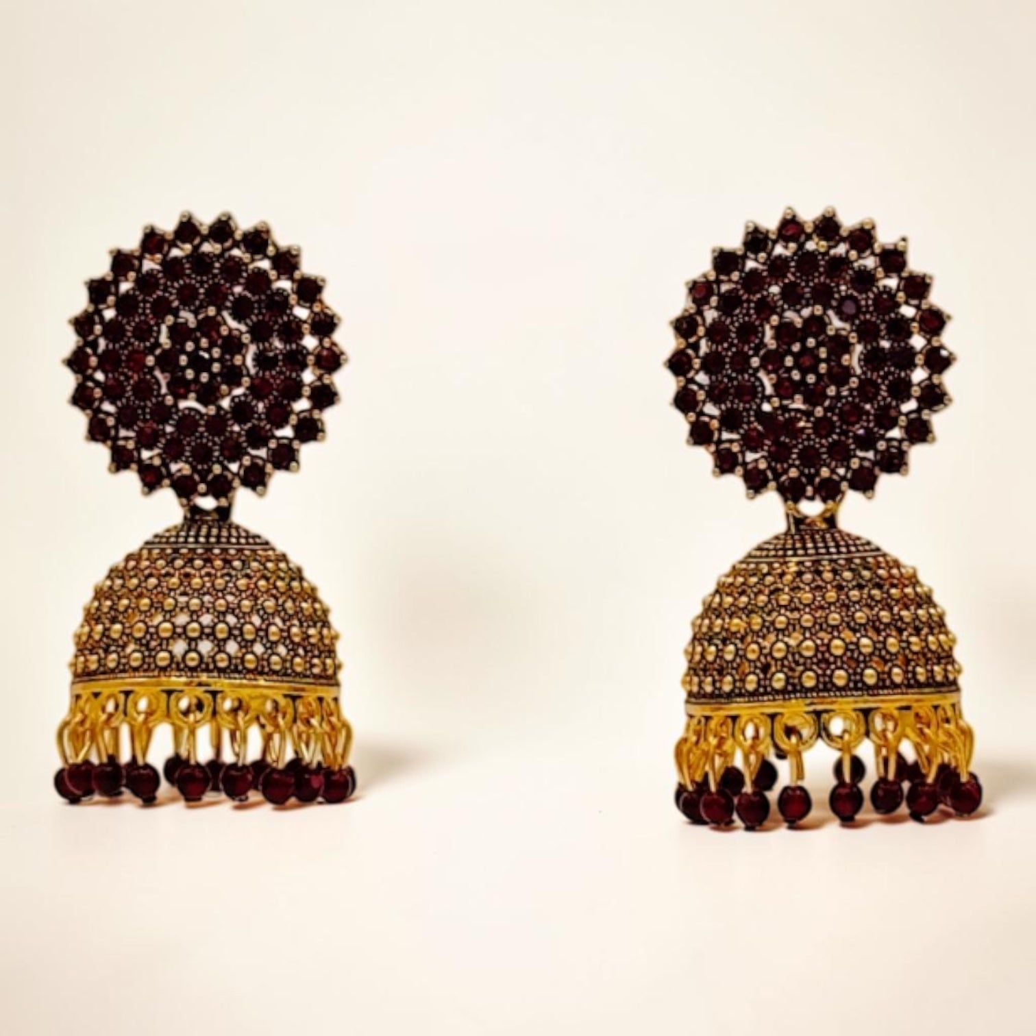Gemstone Jhumka Radiance – Dark red