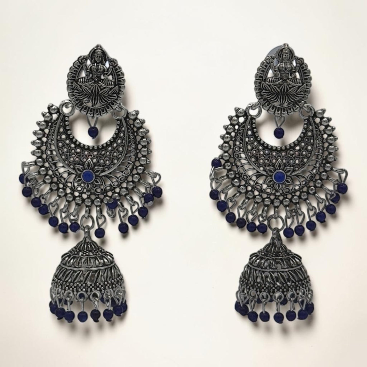Silver Lotus Jhumkas – Navi blue
