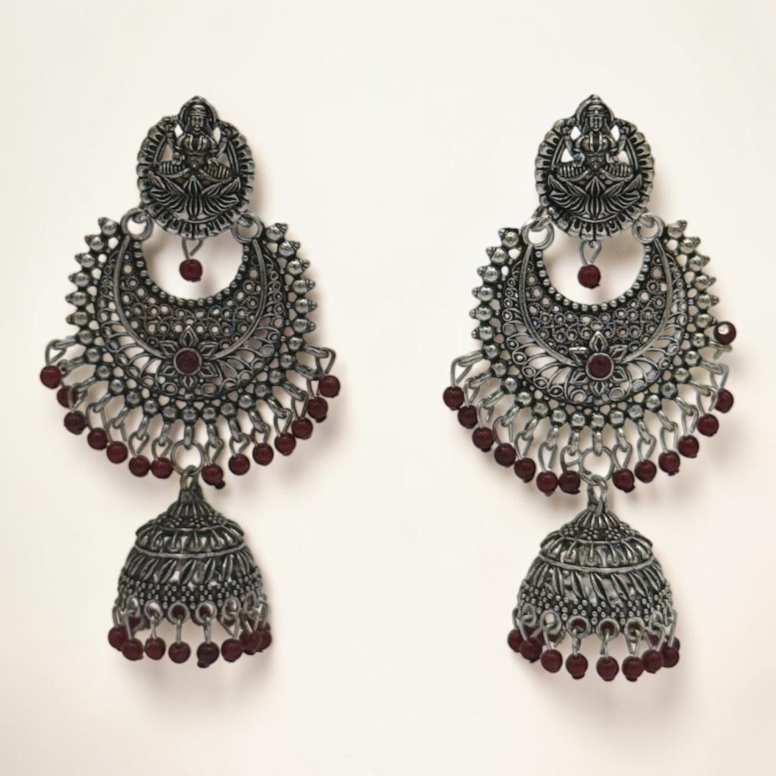 Silver Lotus Jhumkas – Dark red