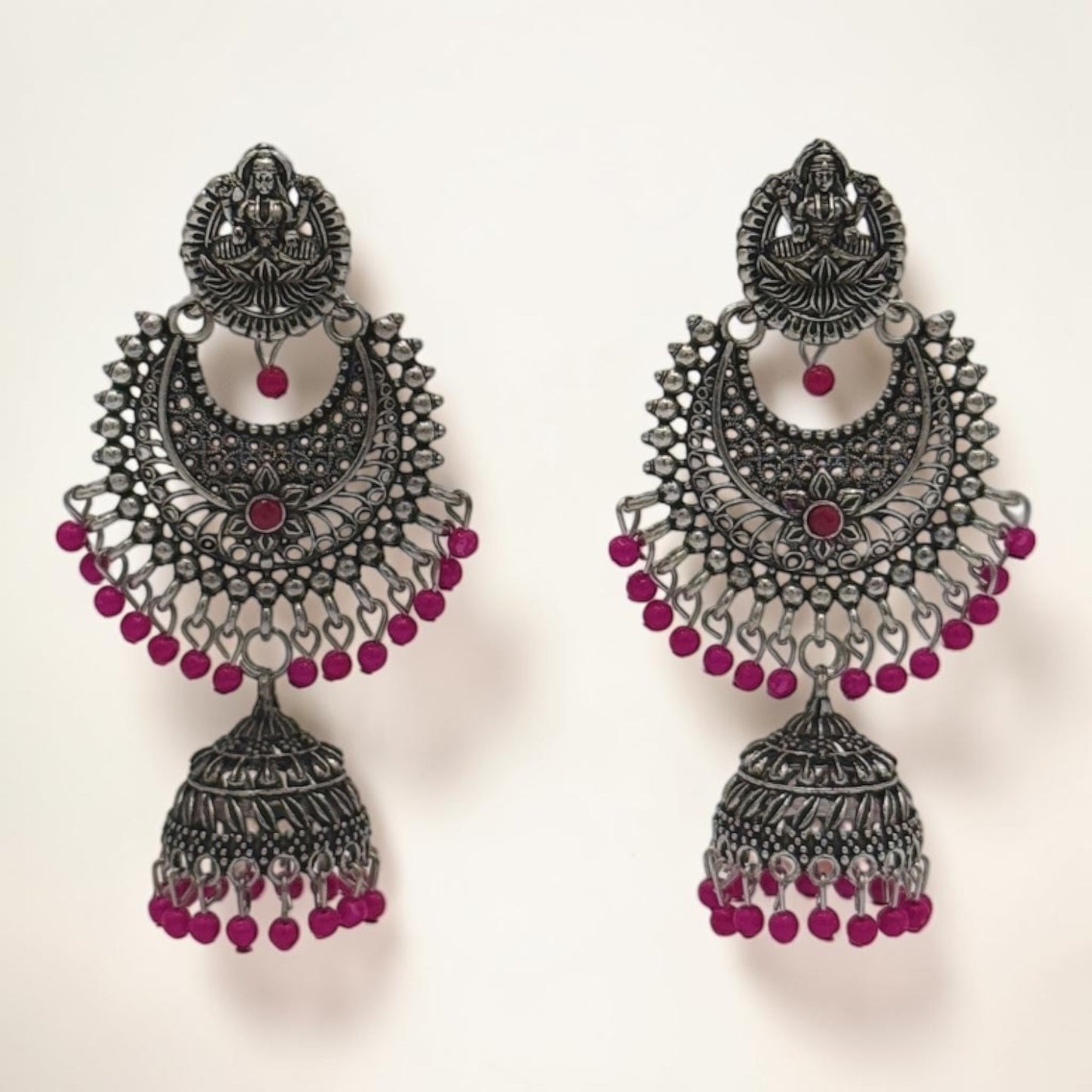 Silver Lotus Jhumkas – Pink