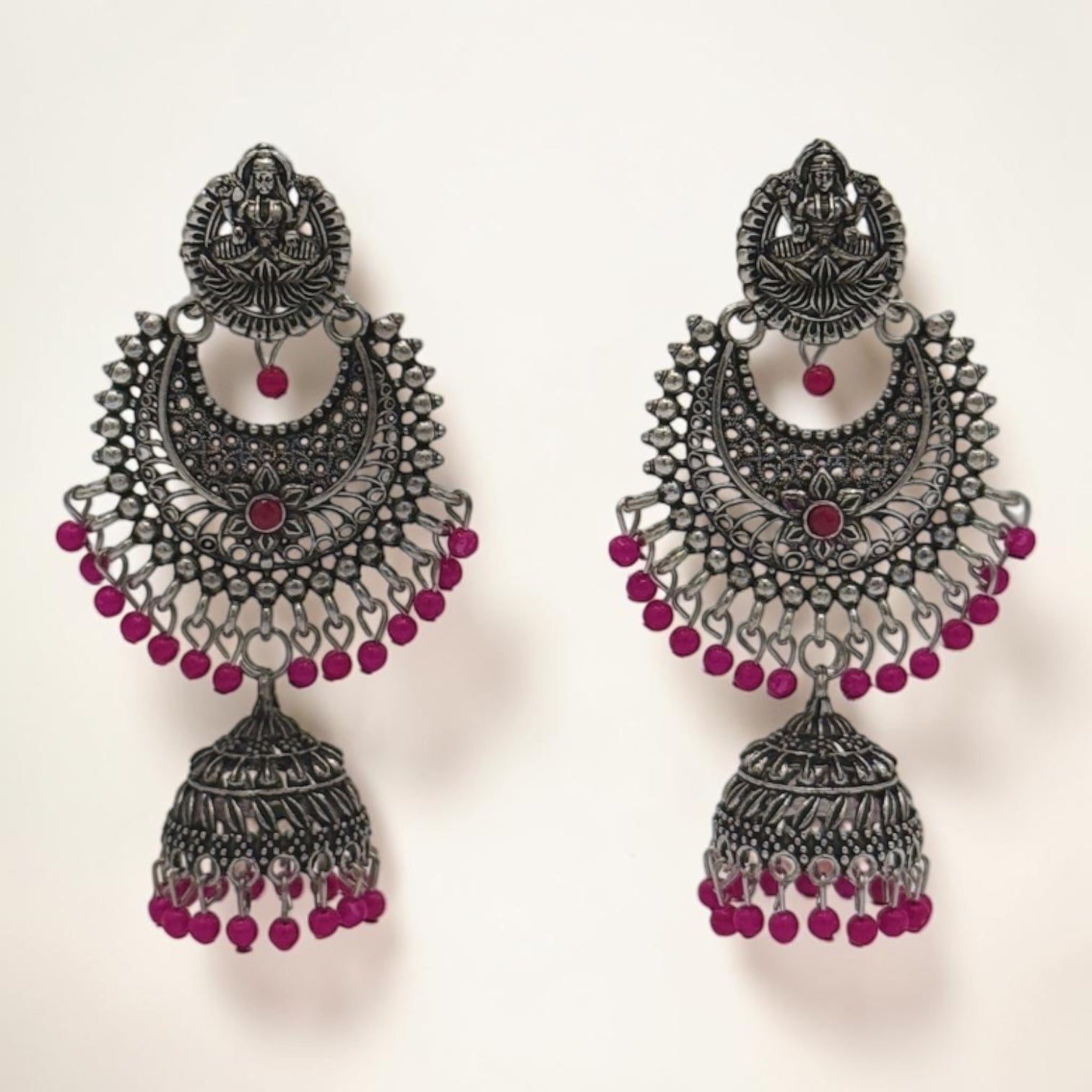 Silver Lotus Jhumkas – Pink