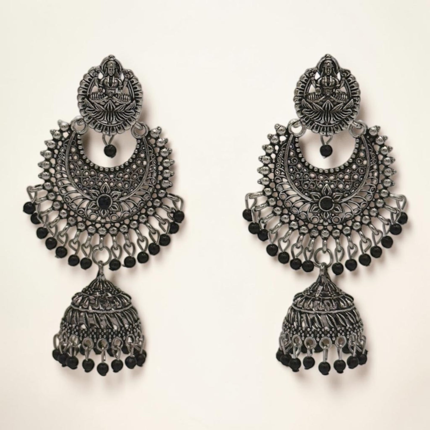 Silver Lotus Jhumkas – Black