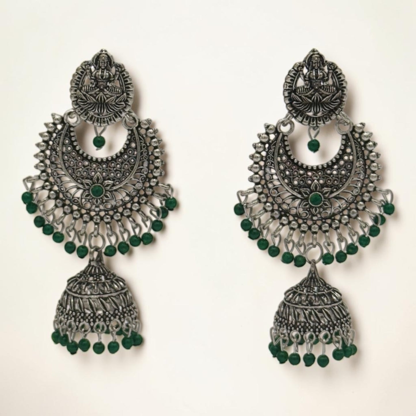 Silver Lotus Jhumkas – Green