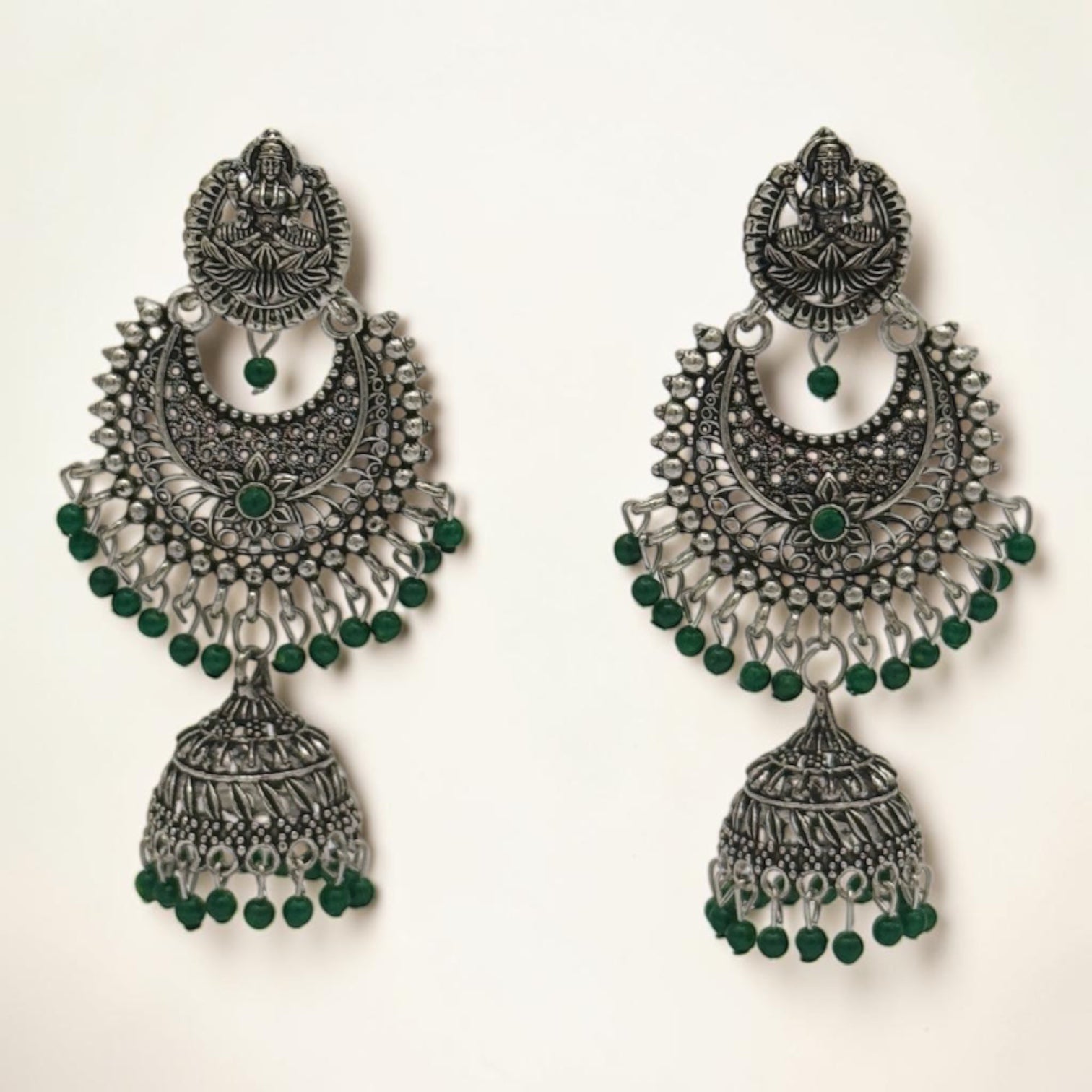 Silver Lotus Jhumkas – Green