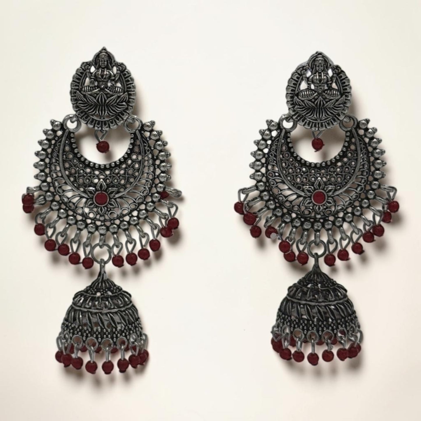 Silver Lotus Jhumkas – Red