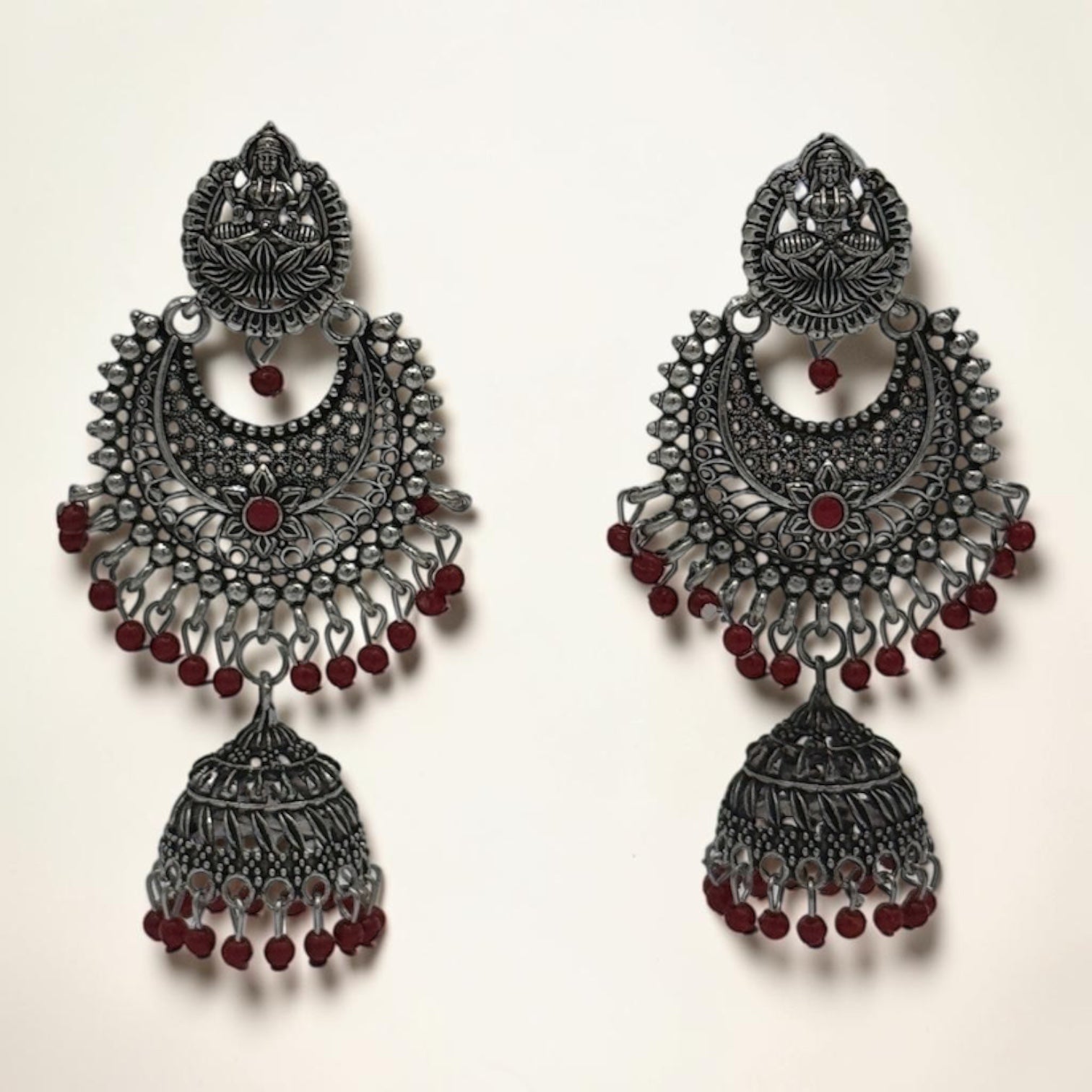 Silver Lotus Jhumkas – Red