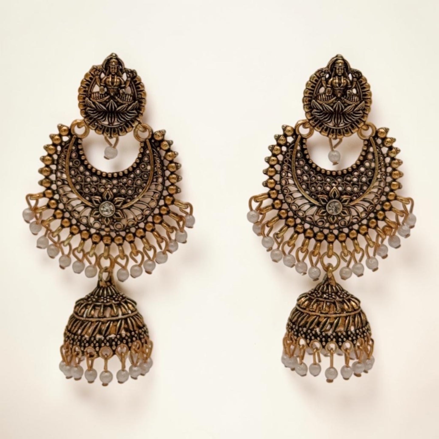 Golden Lotus Jhumkas – White