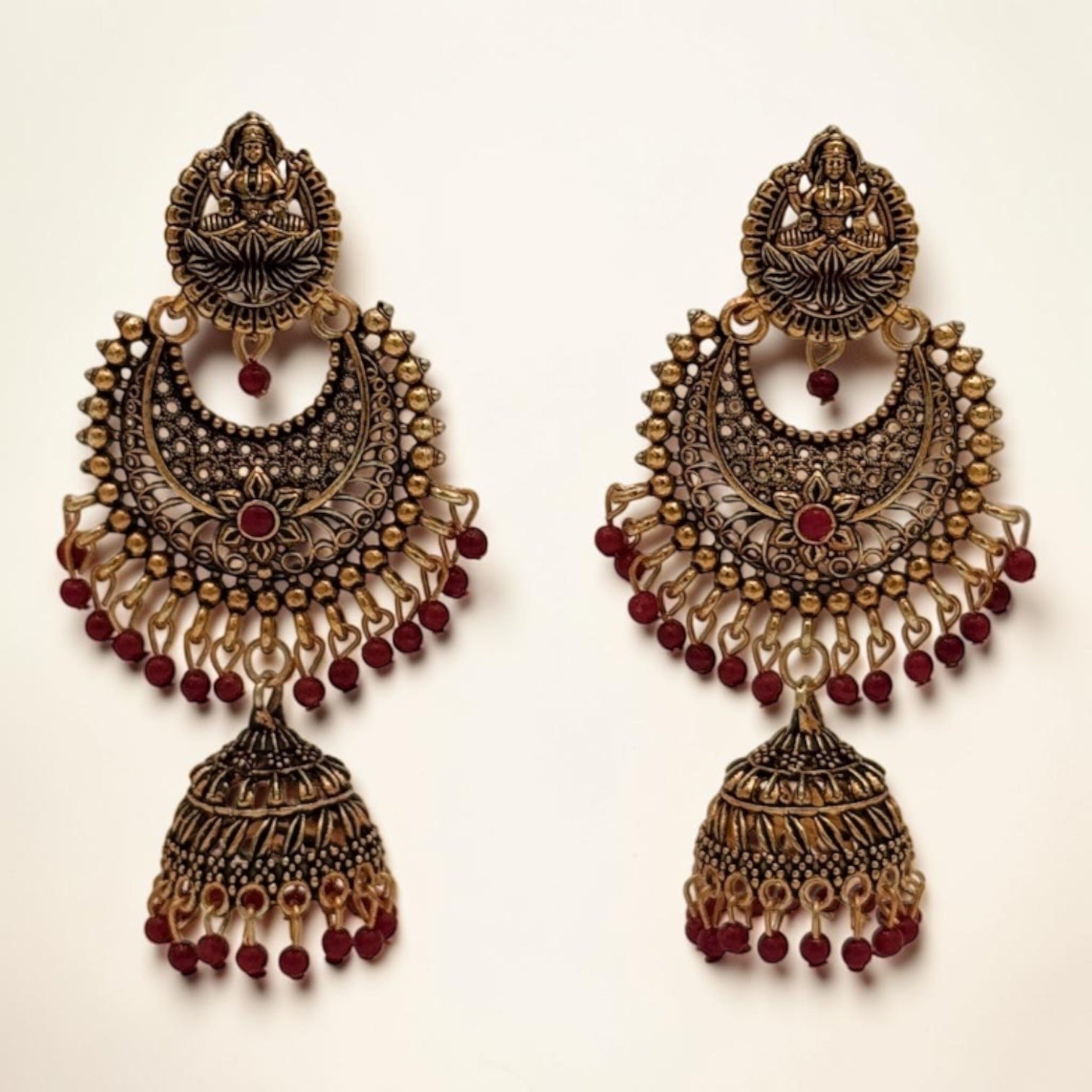 Golden Lotus Jhumkas – Dark red