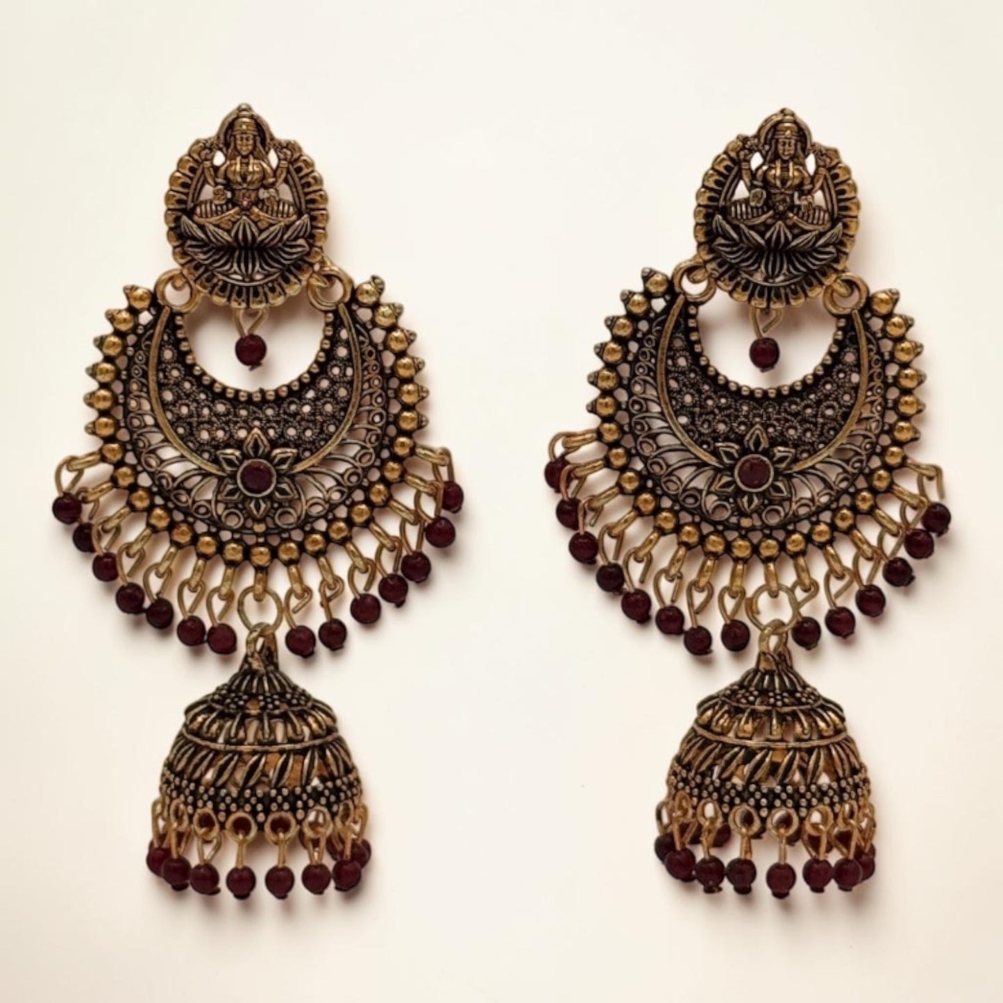 Golden Lotus Jhumkas – Dark red