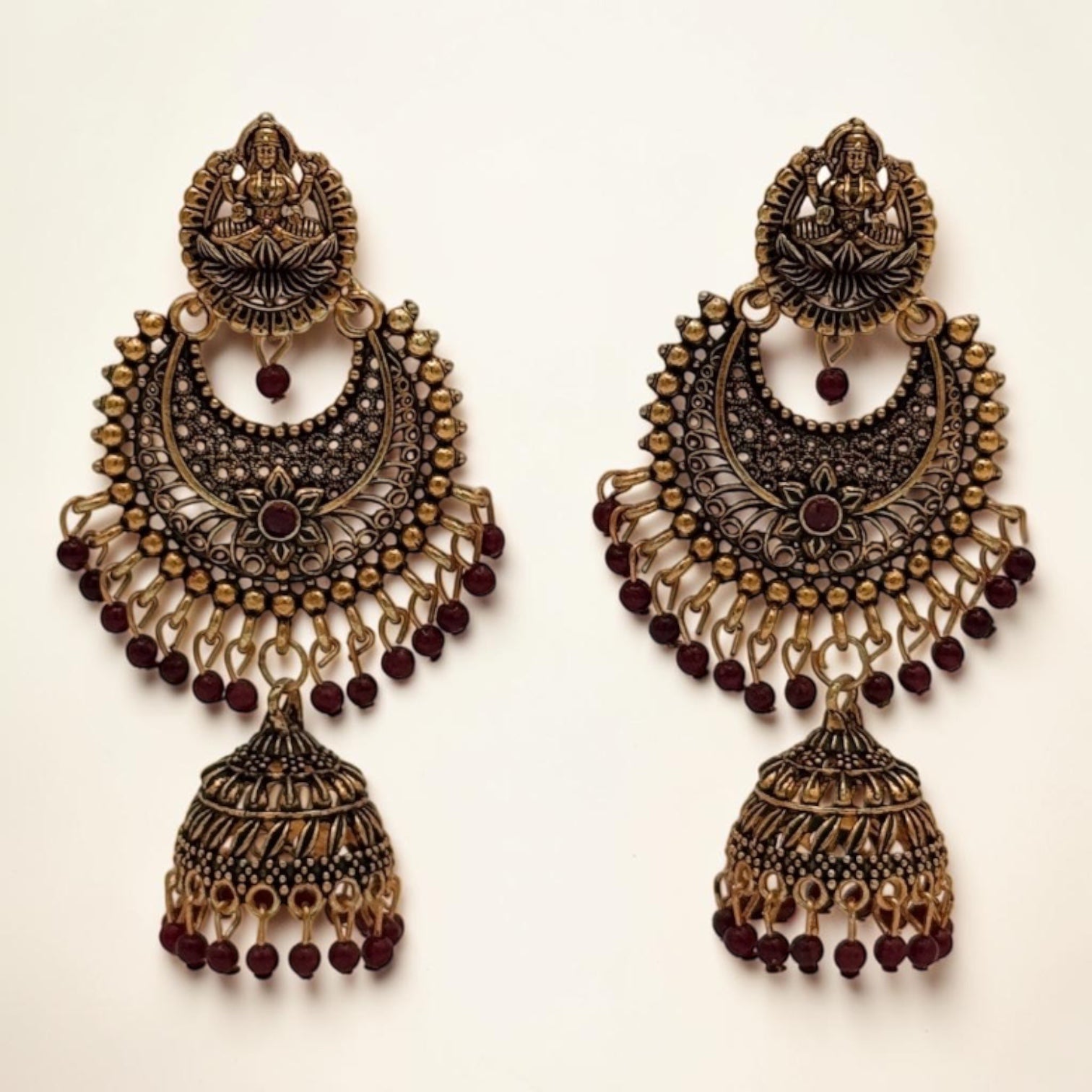 Golden Lotus Jhumkas – Dark red
