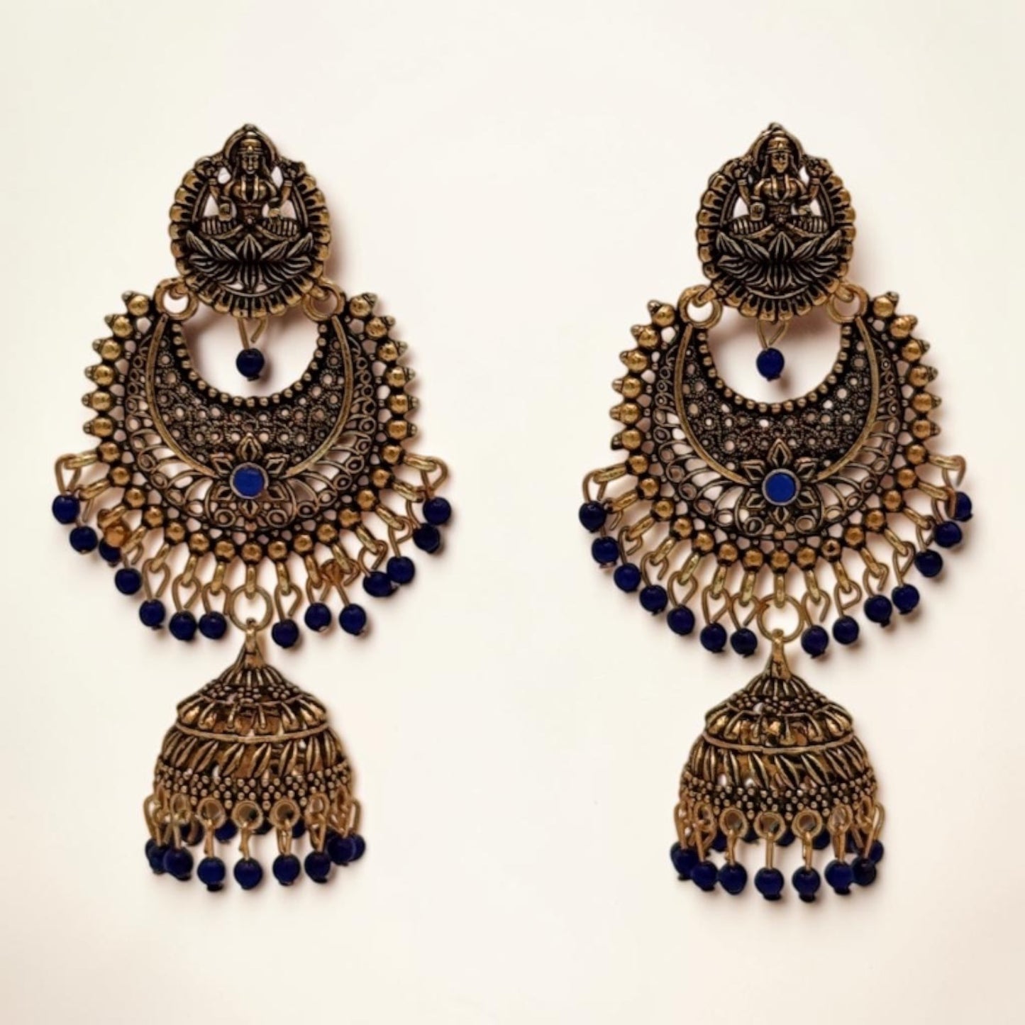 Golden Lotus Jhumkas – Navi blue